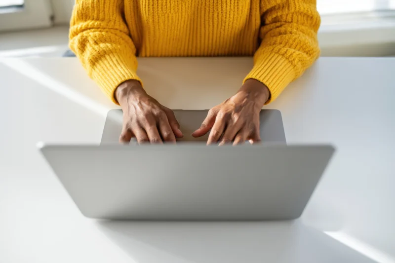 Woman typing on a silver laptop at a white desk