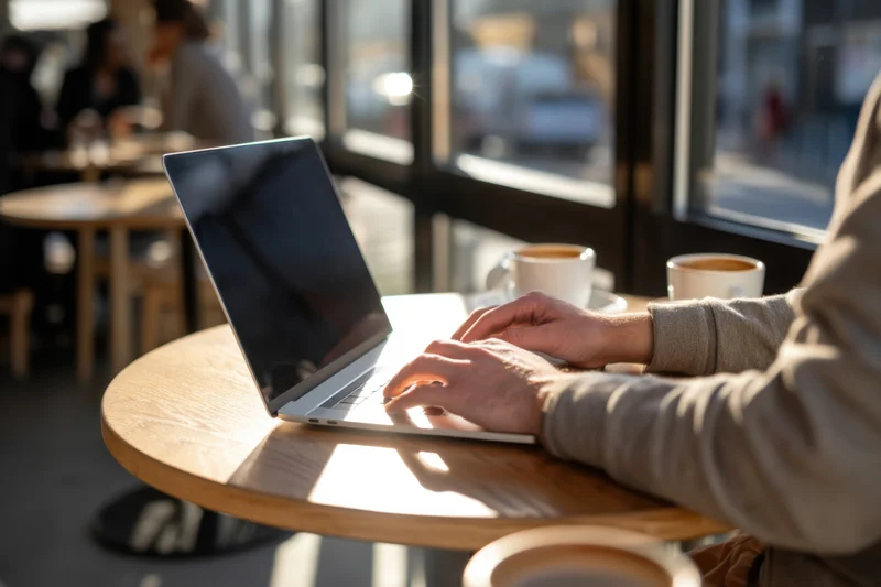 Person typing on laptop at round wooden table in cafe interior