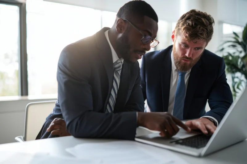 Two men in suits discussing work on a laptop at a desk in a bright office
