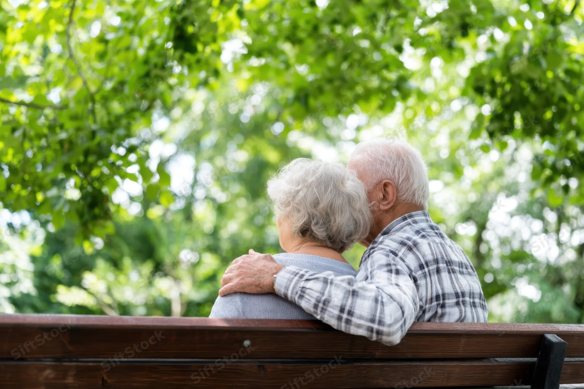 Elderly couple embracing on a wooden park bench under leafy trees