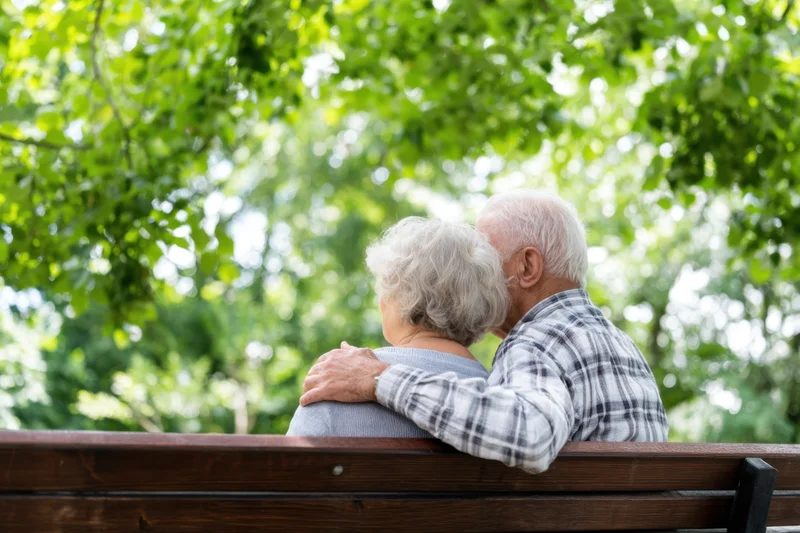 Elderly couple embracing on a wooden park bench under leafy trees