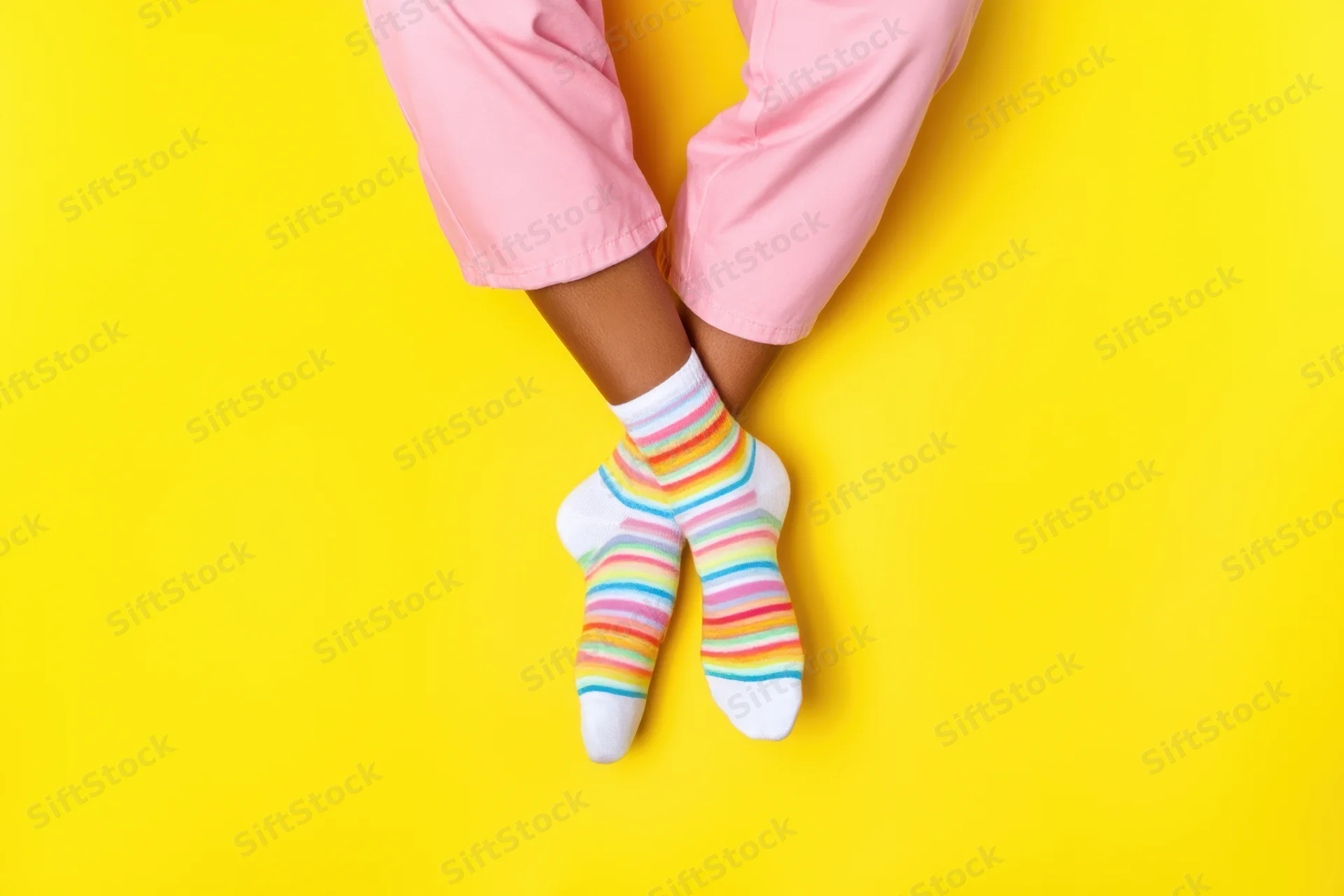 Legs crossed at ankles wearing rainbow-striped socks against yellow background