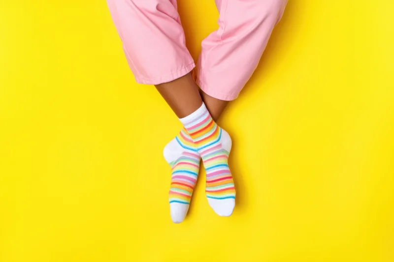 Legs crossed at ankles wearing rainbow-striped socks against yellow background