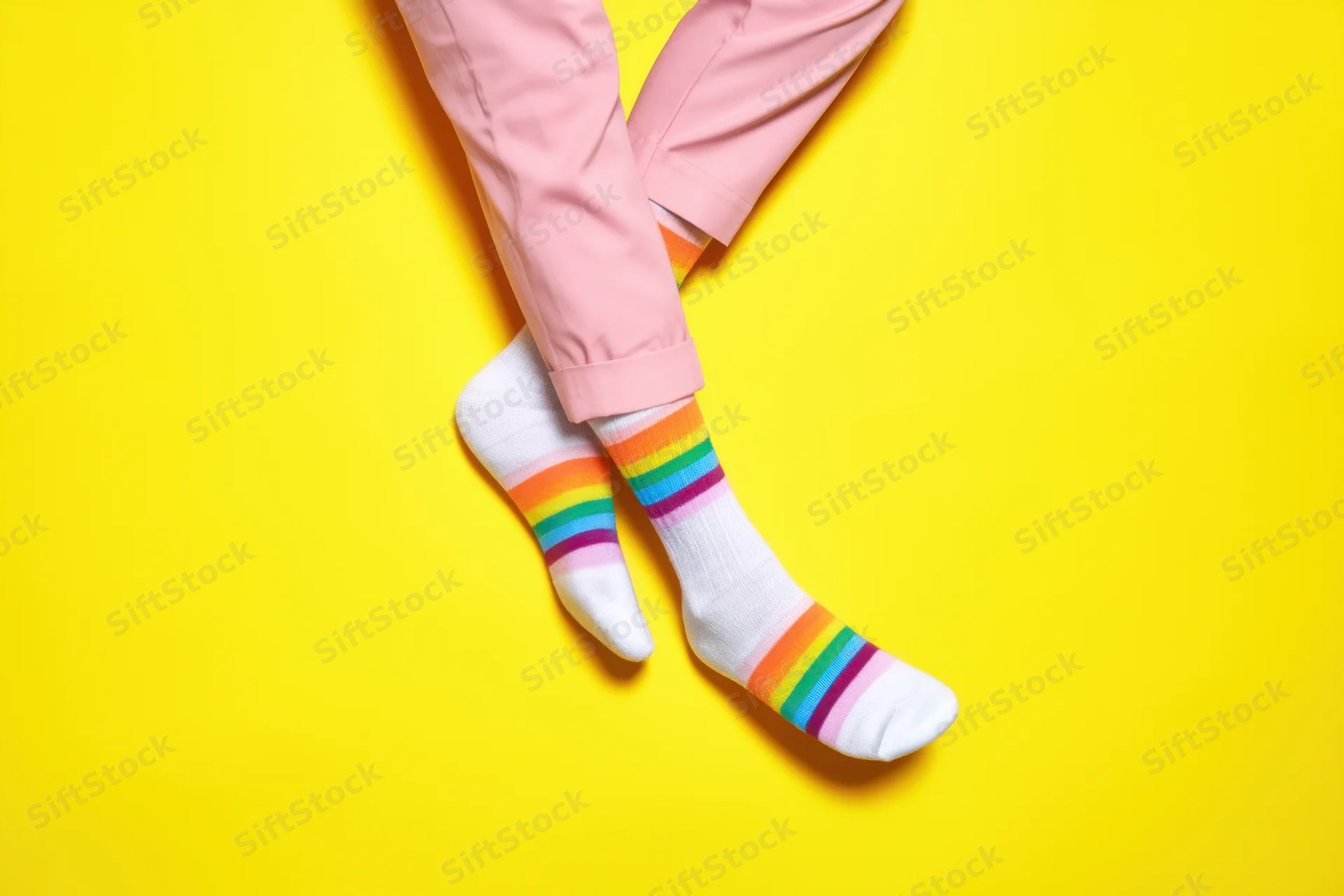 Legs crossed at ankles wearing rainbow-striped socks and pink trousers against yellow background