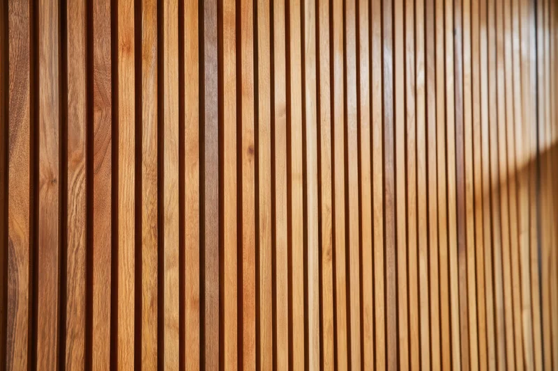 Vertical wooden slats arranged in a warm brown textured paneling for interior design