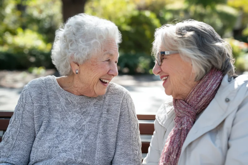 Two elderly women smiling and laughing while sitting together on a park bench in a sunny garden setting