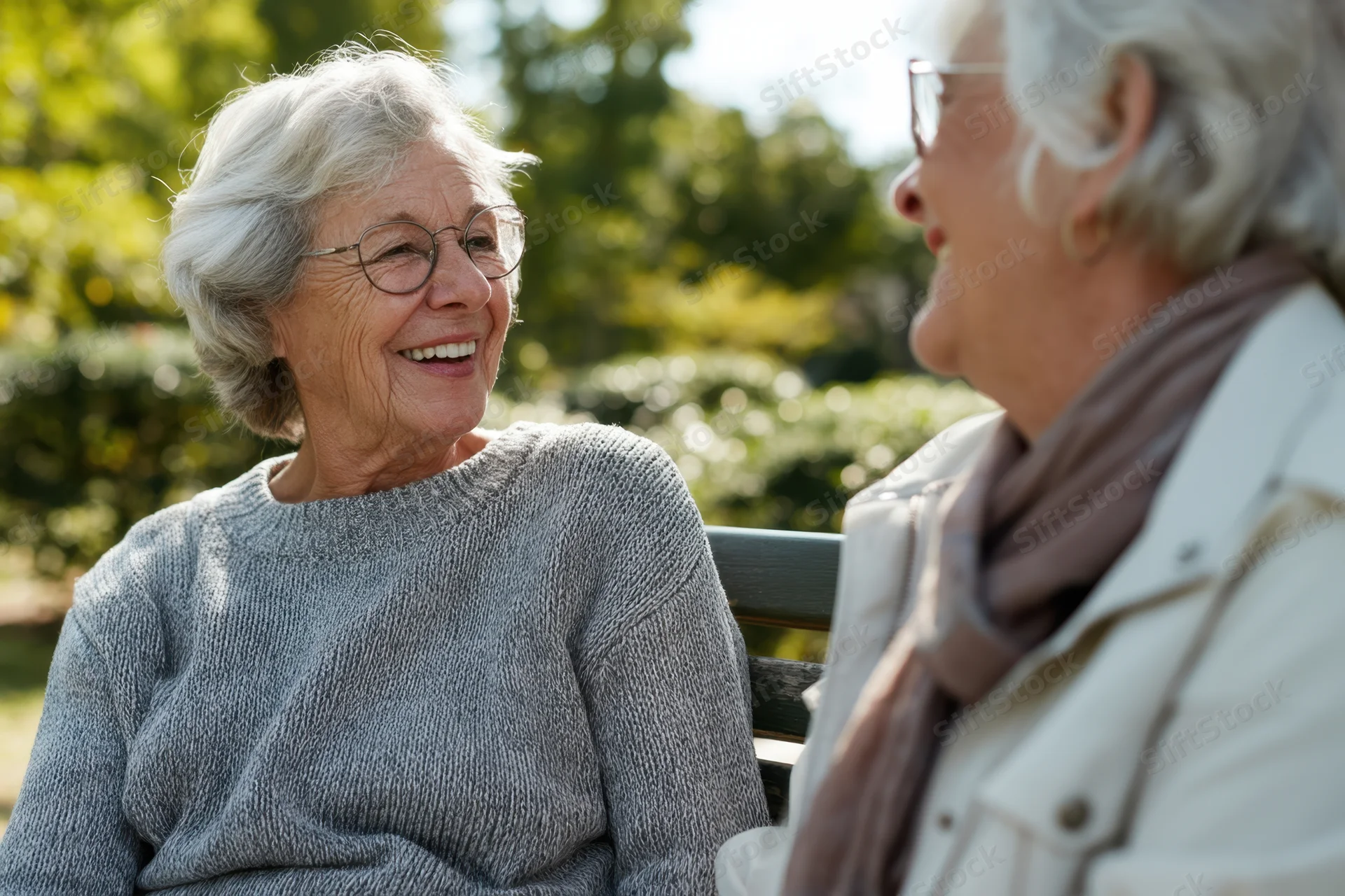 Two elderly women smiling and talking while sitting on a park bench outdoors