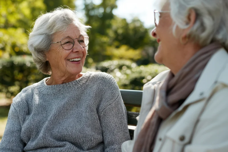 Two elderly women smiling and talking while sitting on a park bench outdoors