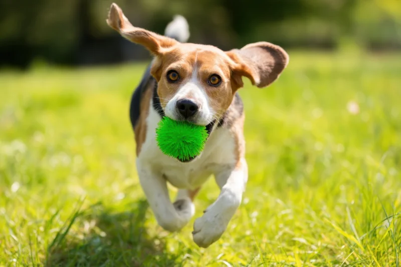 Beagle running across grassy field with green ball in mouth