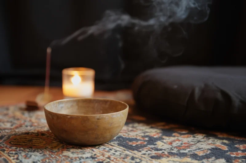 Brass singing bowl resting on patterned rug with candle and incense smoke in dimly lit space