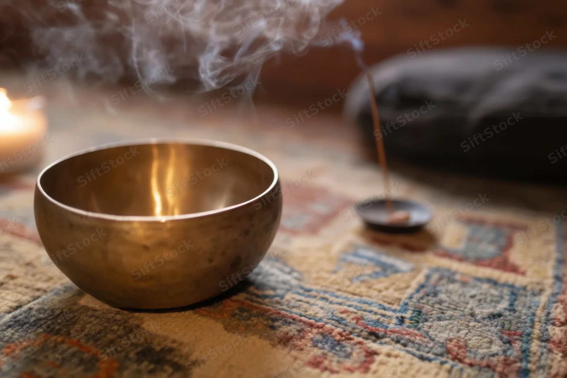 Brass singing bowl resting on patterned rug with incense smoke and candlelight