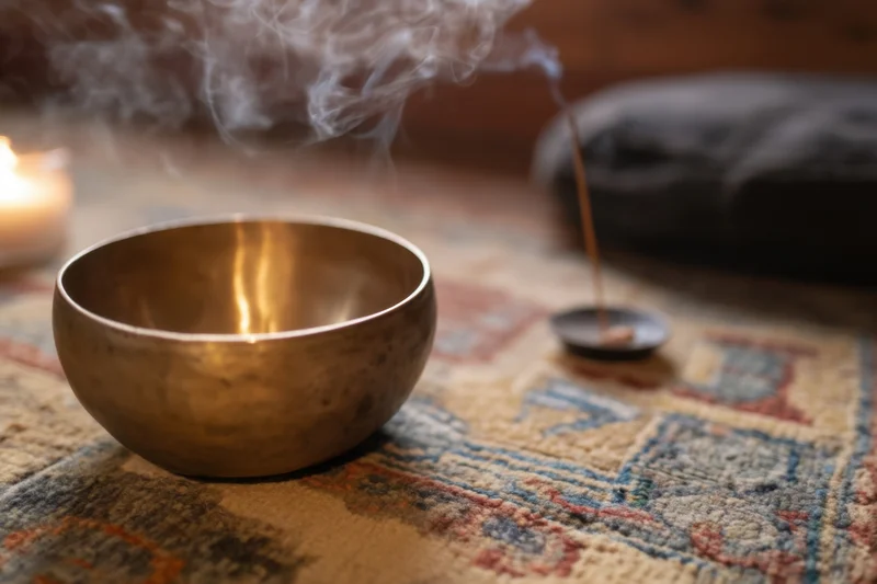 Brass singing bowl resting on patterned rug with incense smoke and candlelight