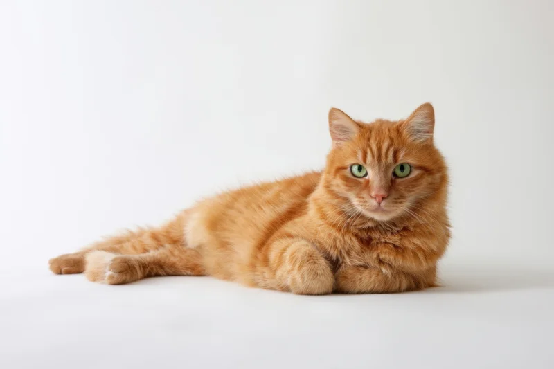 Orange tabby cat lying on its side on a white background