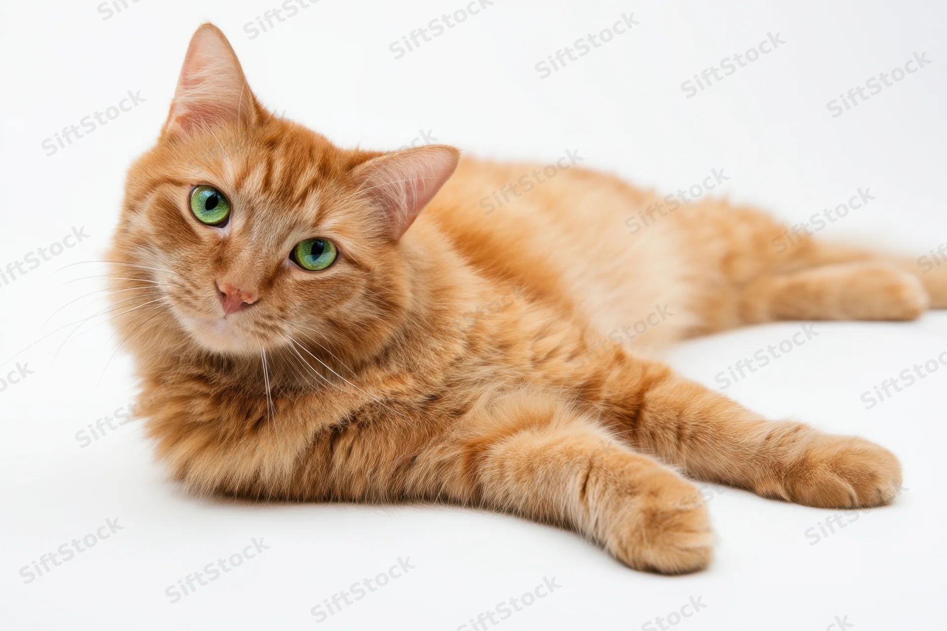 Orange tabby cat lying on its side on a white background