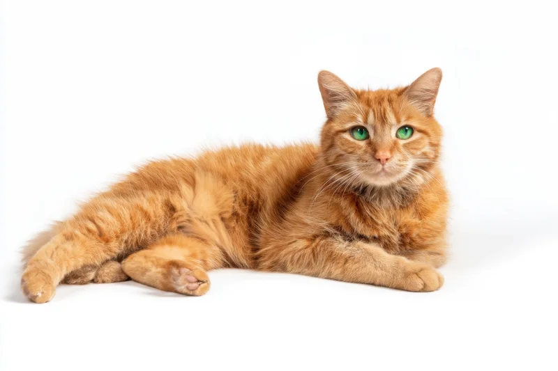Orange tabby cat lying on its side on a white background