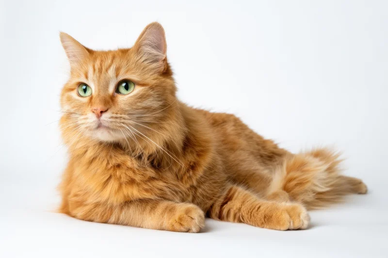Orange tabby cat lying on white background in studio portrait