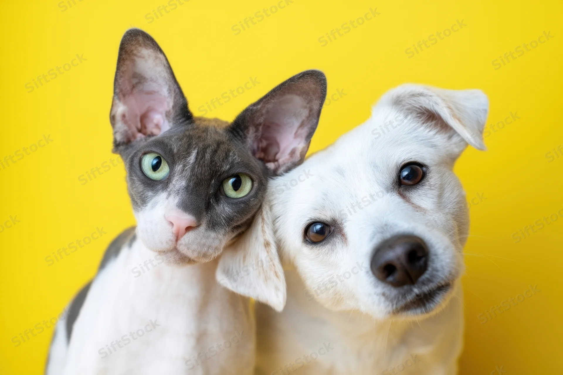 Cat and dog resting heads together against a bright yellow background