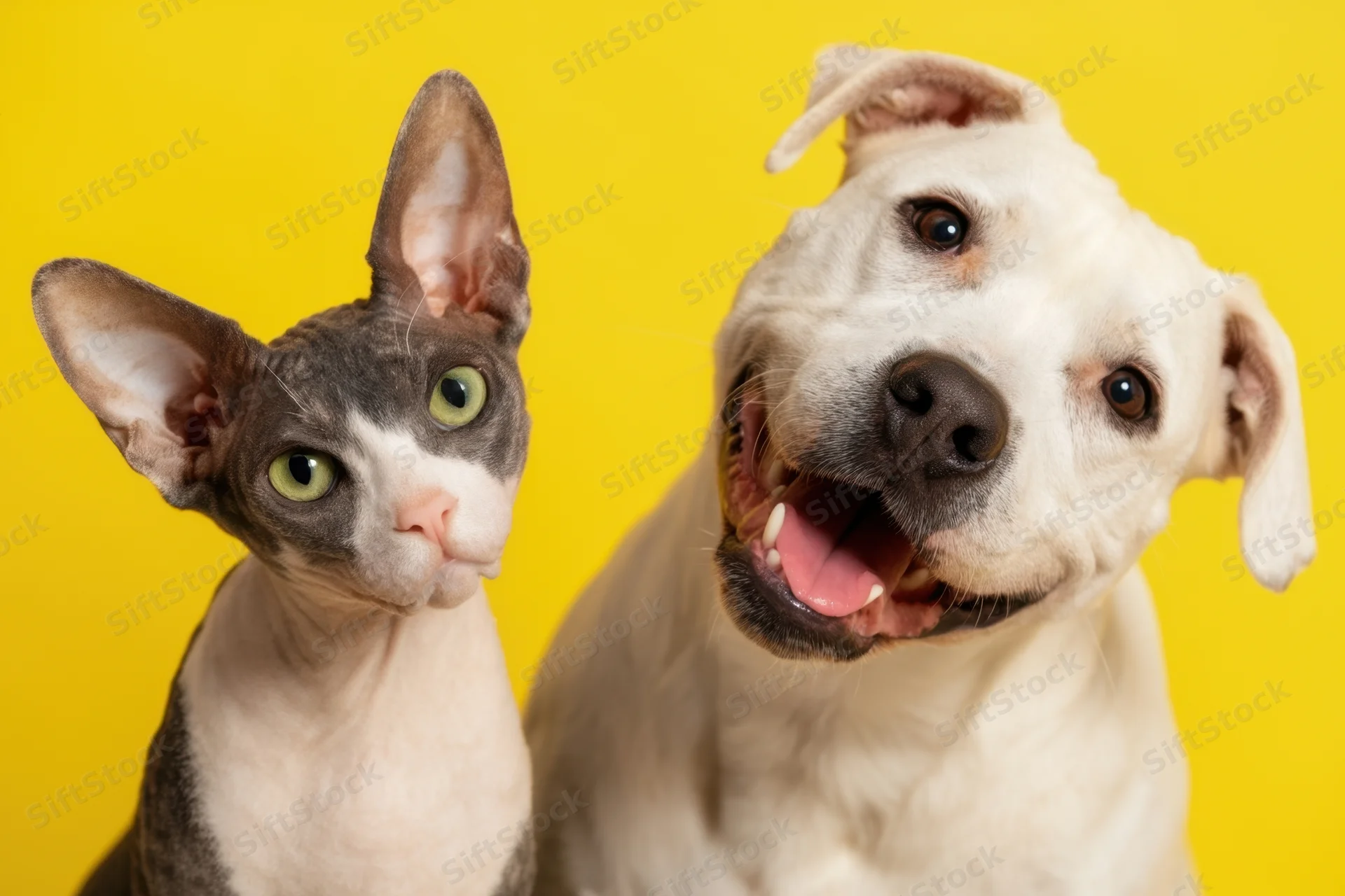A dog and a cat sitting side by side in front of a bright yellow background