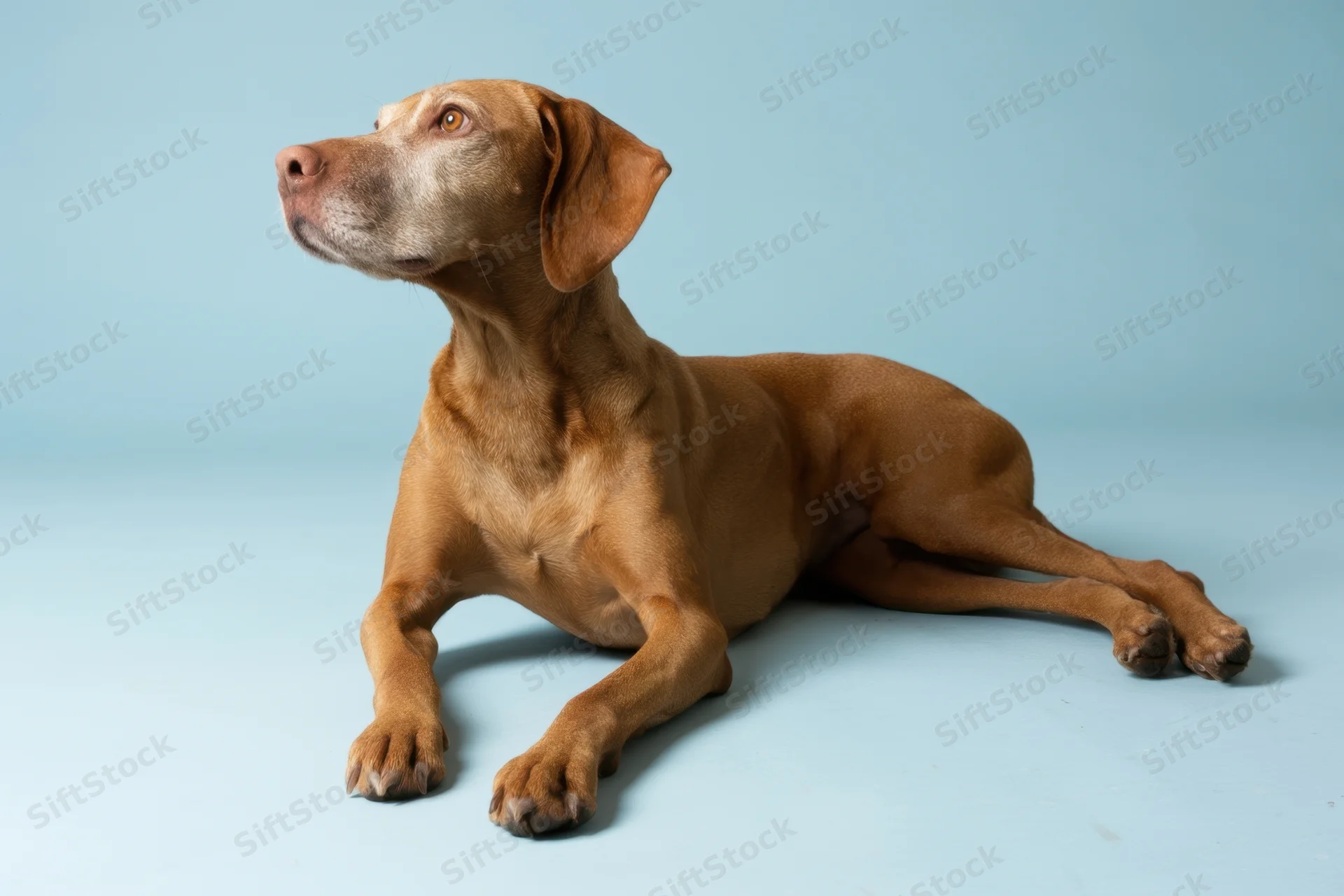 Brown vizsla dog lying alert on light blue studio backdrop