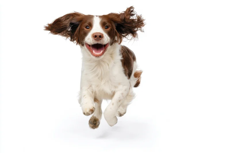 Brown and white spaniel jumping midair against pure white background