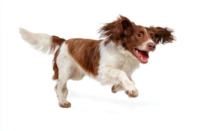 Brown and white spaniel running midair on white background