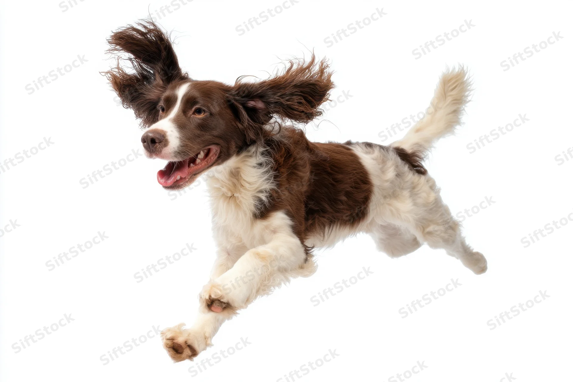 Brown and white spaniel leaping midair against white background