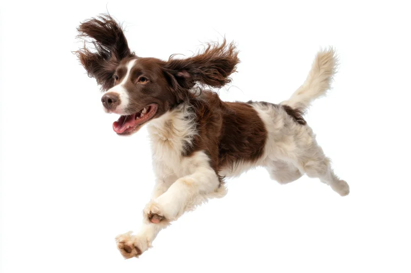 Brown and white spaniel leaping midair against white background