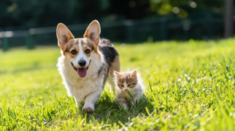 Corgi and kitten walking side by side across a sunlit grassy field