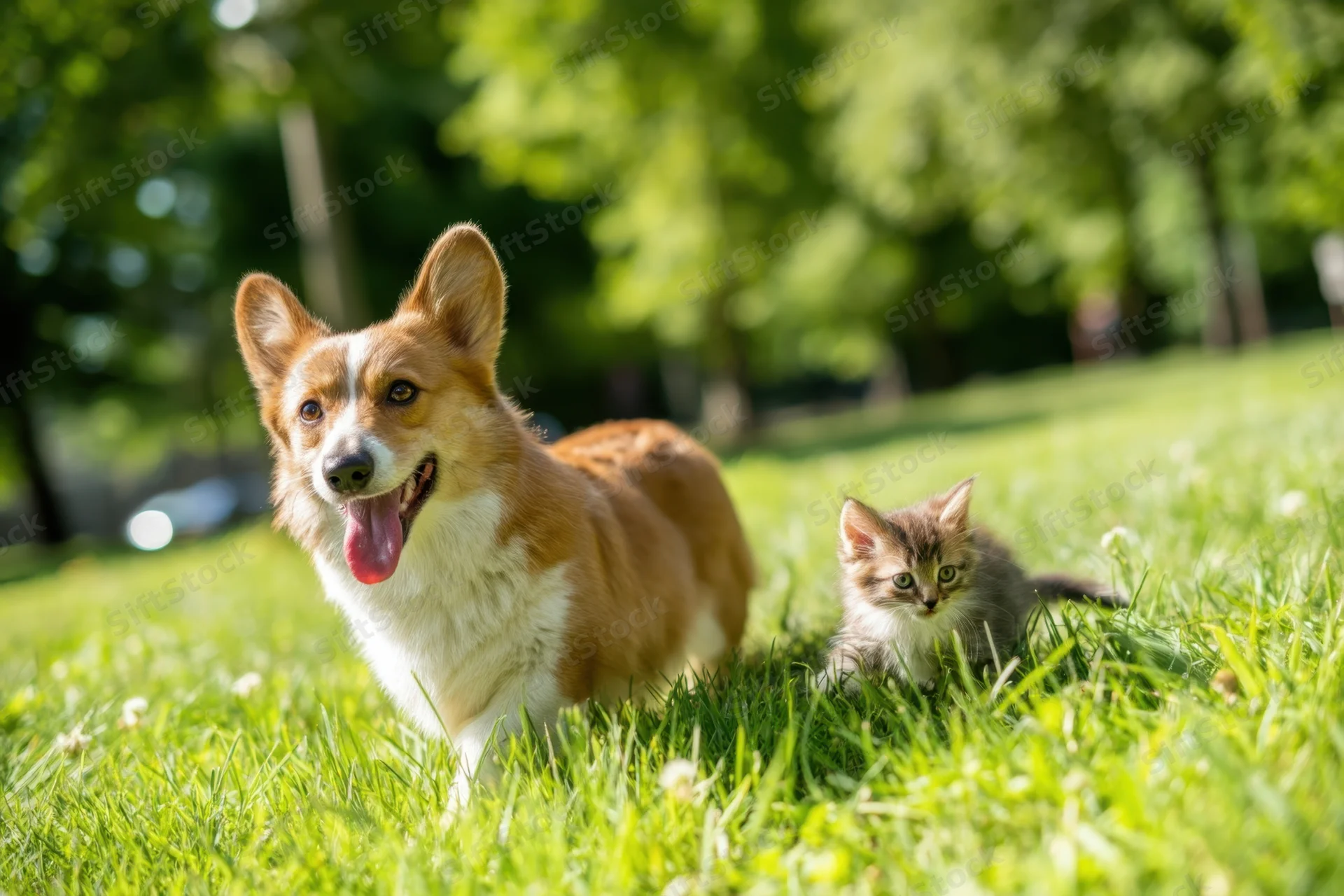 Corgi and kitten walking side by side on grass in a park