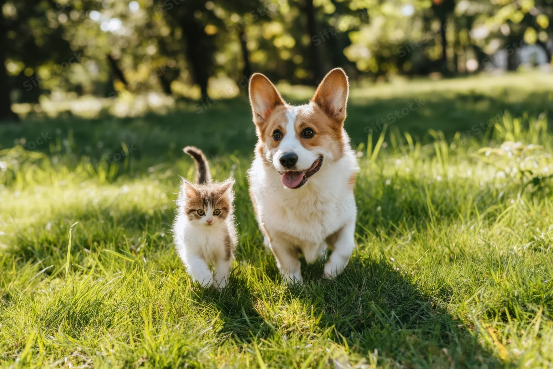 Corgi and kitten walking side by side on grass in a sunlit park