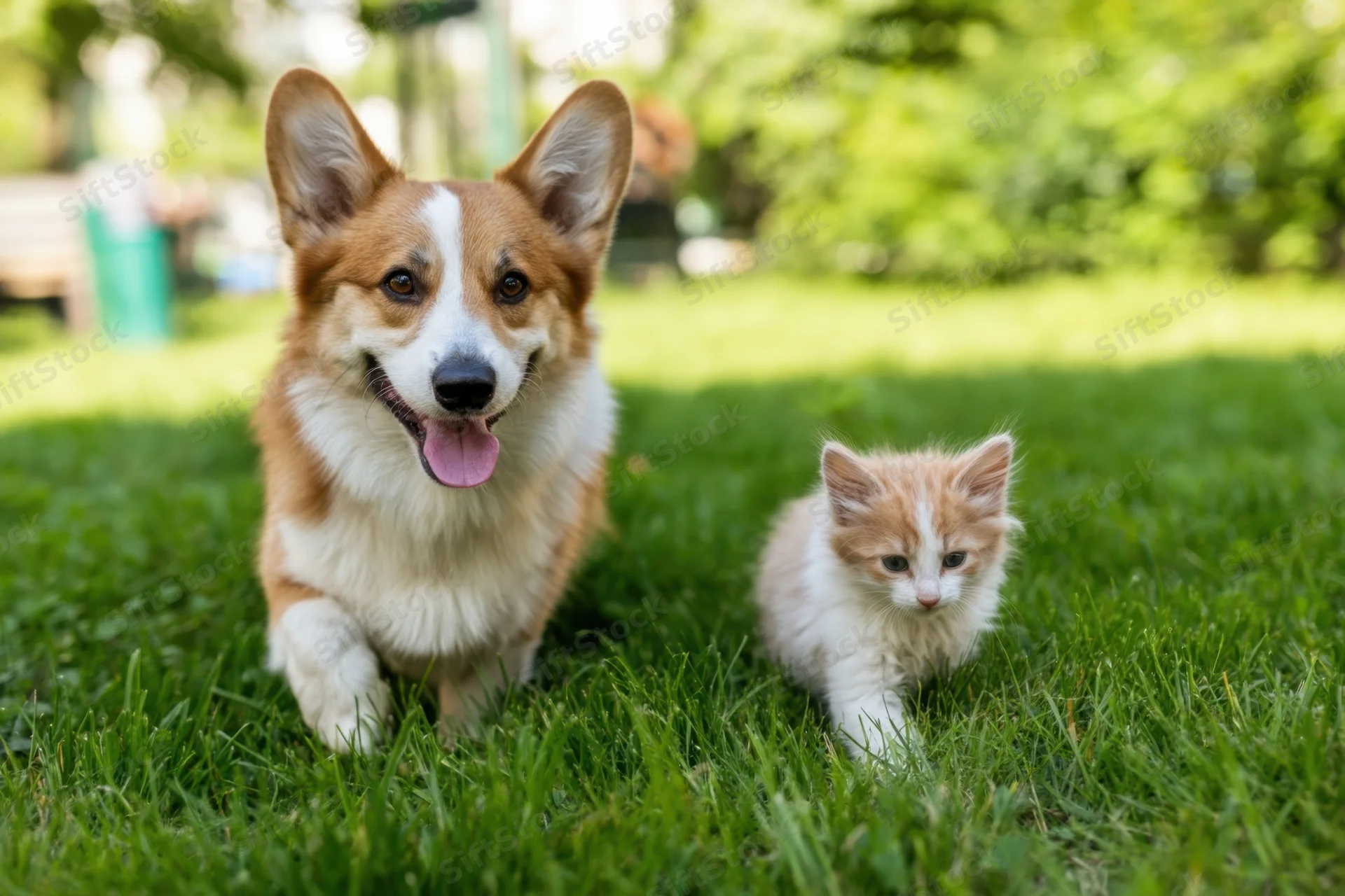 Corgi and kitten walking side by side on a grassy lawn in a garden