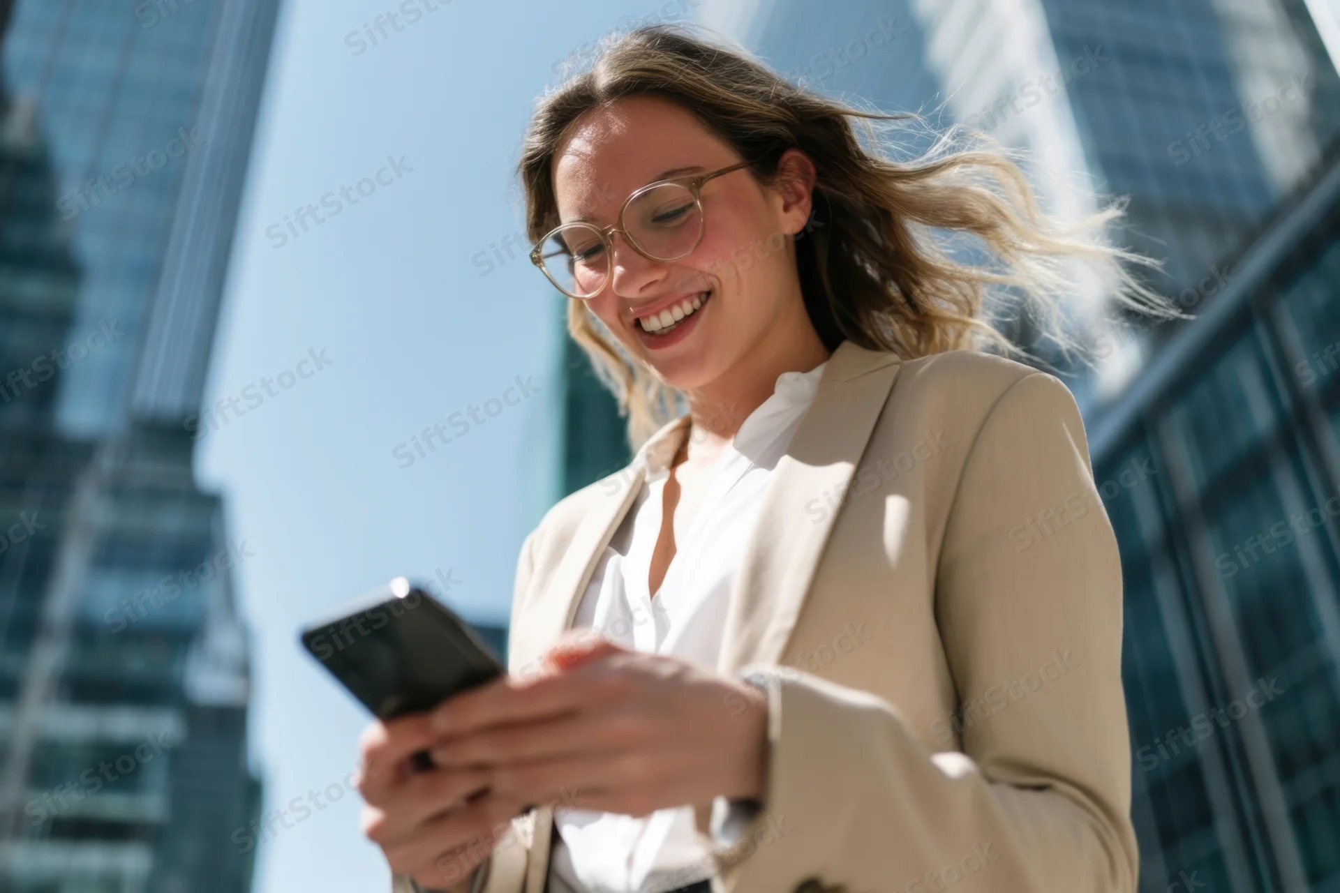 Woman smiling while using smartphone outdoors in city setting