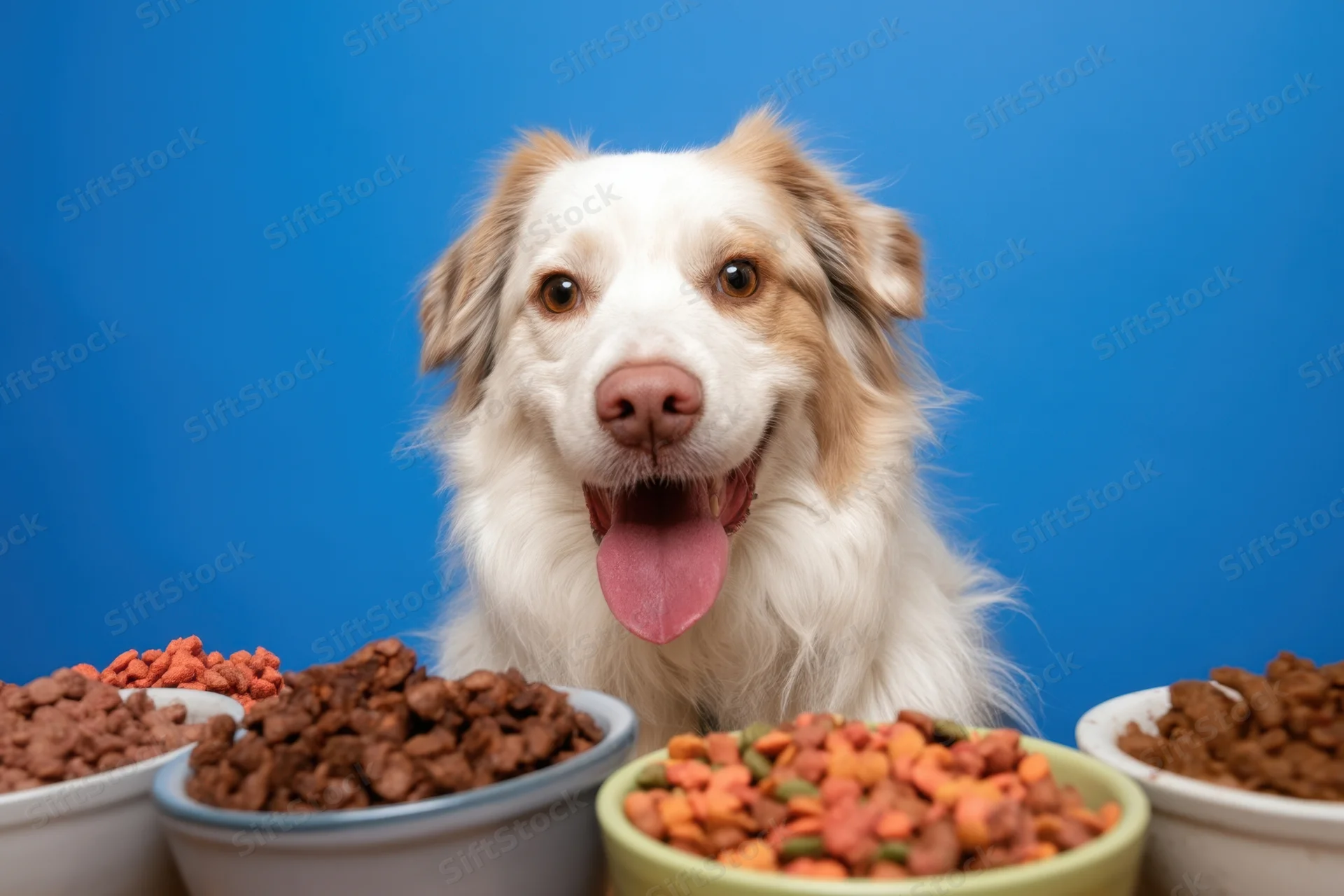 Fluffy white and tan dog with tongue out sitting beside several bowls of dry dog food against blue background