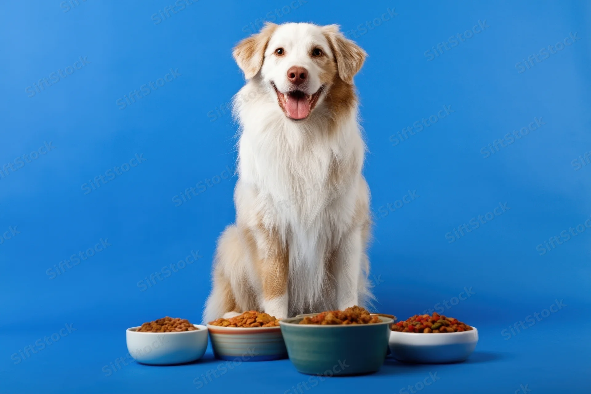 Fluffy white and tan dog sitting with multiple bowls of dry pet food against blue background