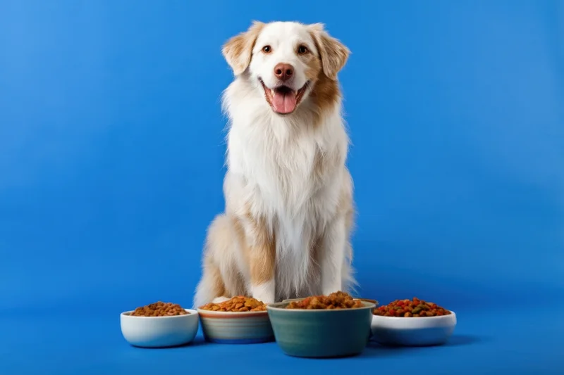 Fluffy white and tan dog sitting with multiple bowls of dry pet food against blue background