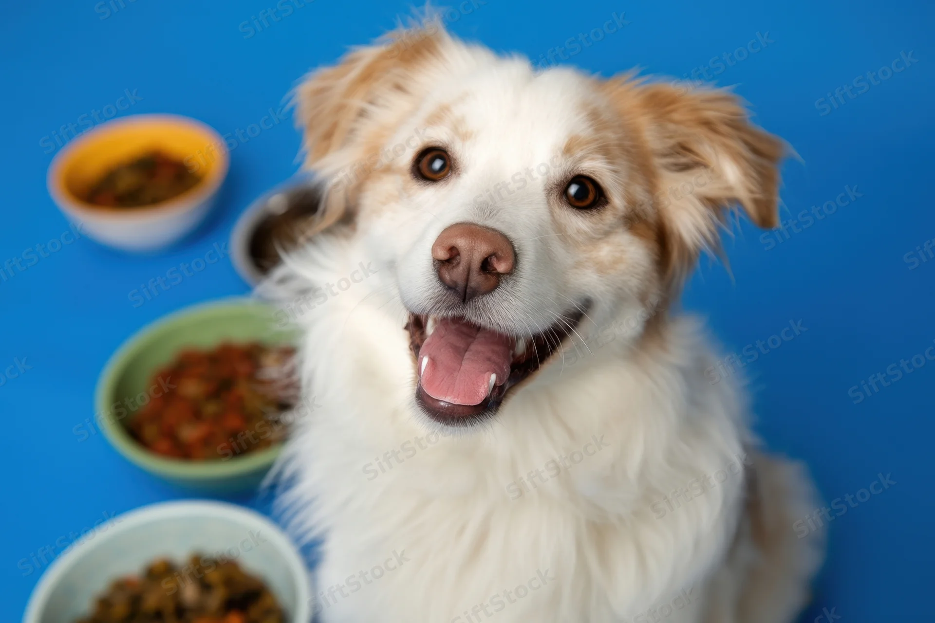 Fluffy white and tan dog sitting with bowls of food against blue background