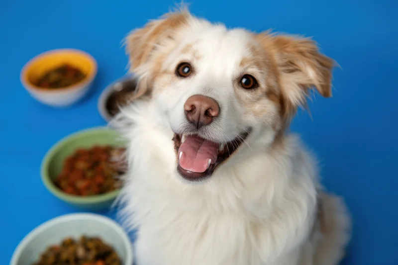 Fluffy white and tan dog sitting with bowls of food against blue background