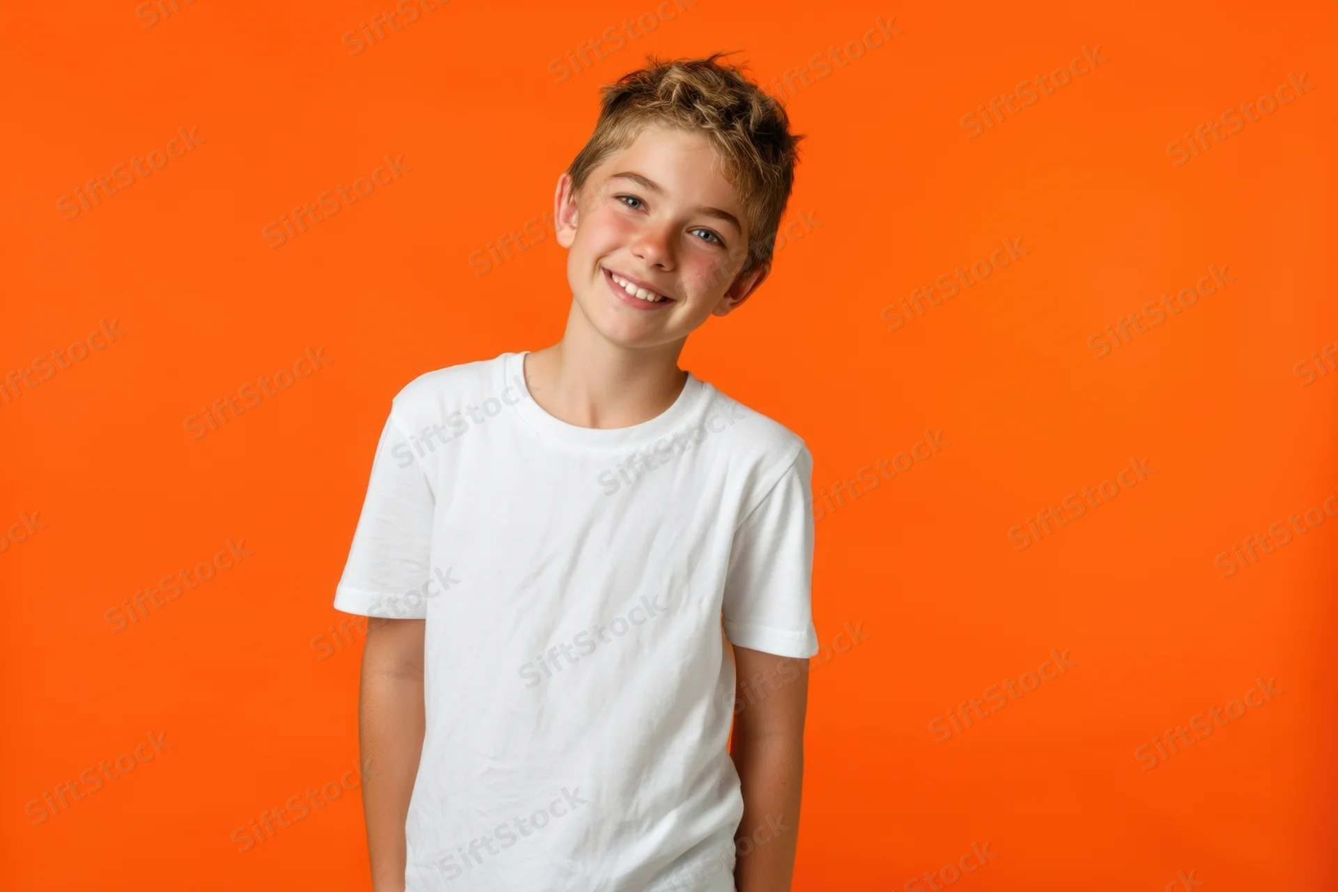 Young boy smiling in white tshirt against orange backdrop