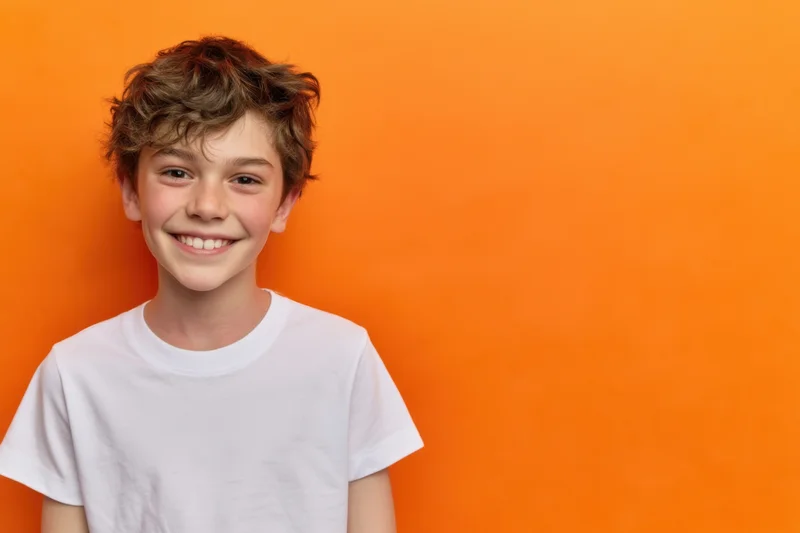 Young boy smiling in white tshirt against orange backdrop