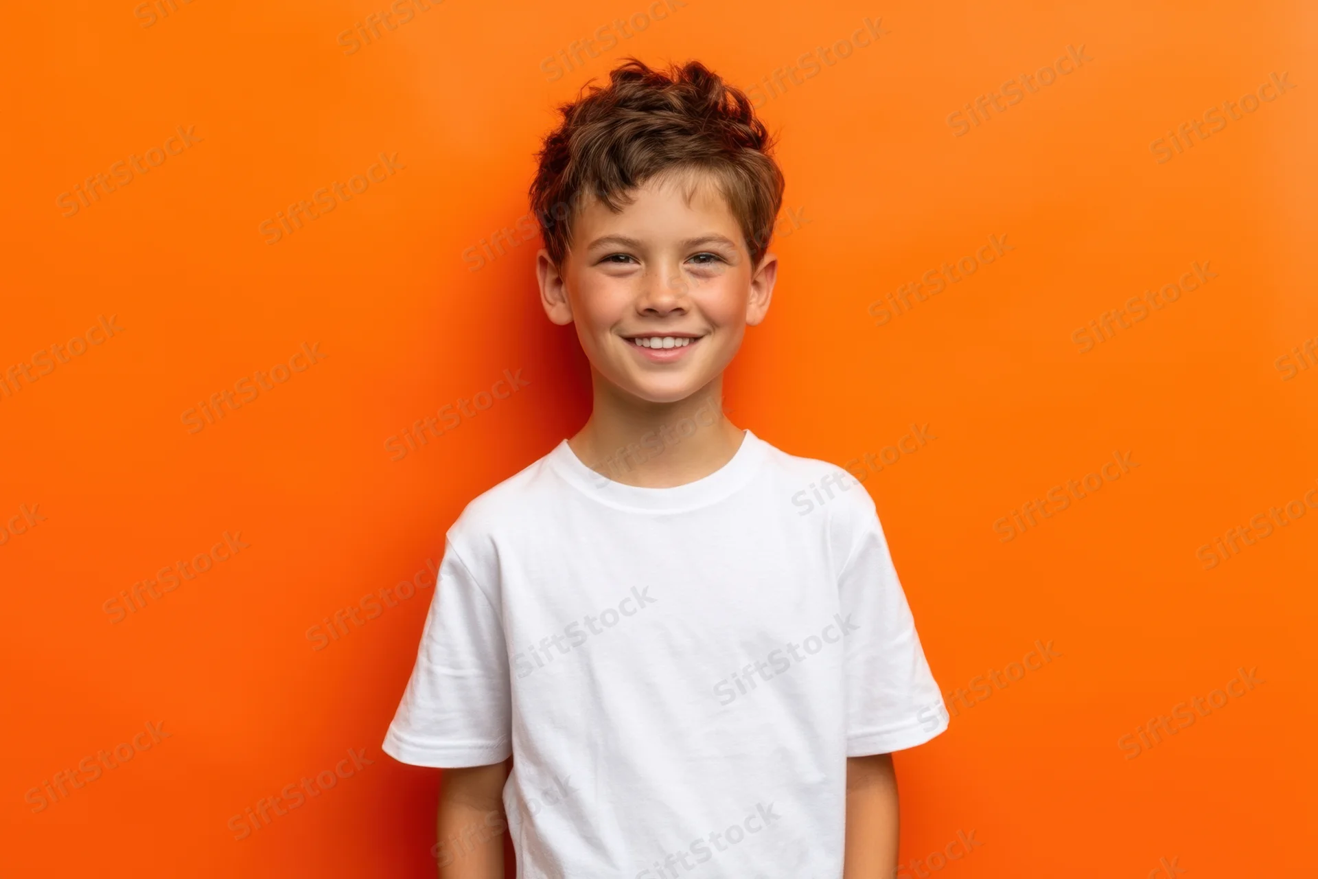 Young boy smiling in white tshirt against orange backdrop