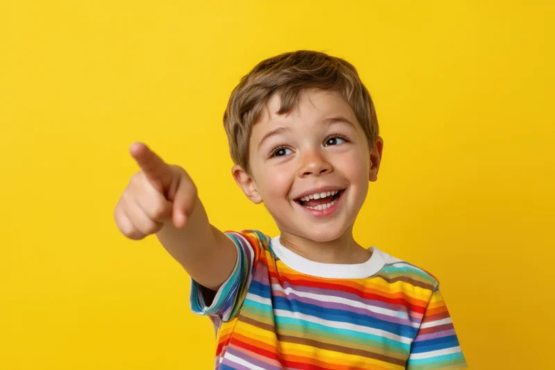 Young boy smiling and pointing with finger against yellow background