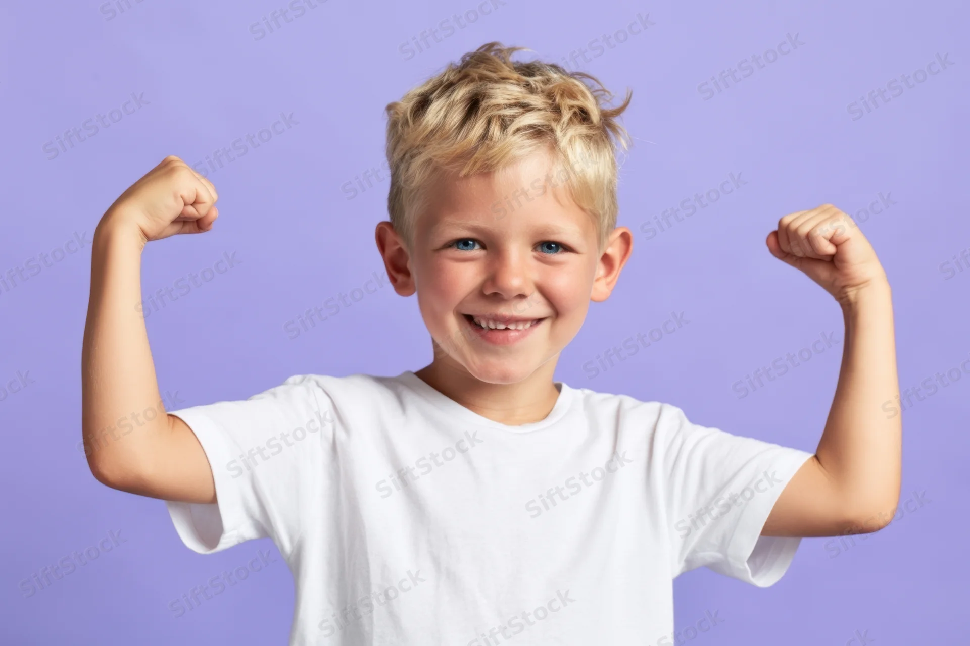 Young boy smiling and flexing his biceps in a white t-shirt against a purple background