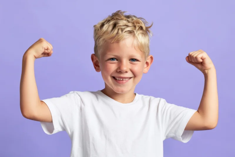 Young boy smiling and flexing his biceps in a white t-shirt against a purple background