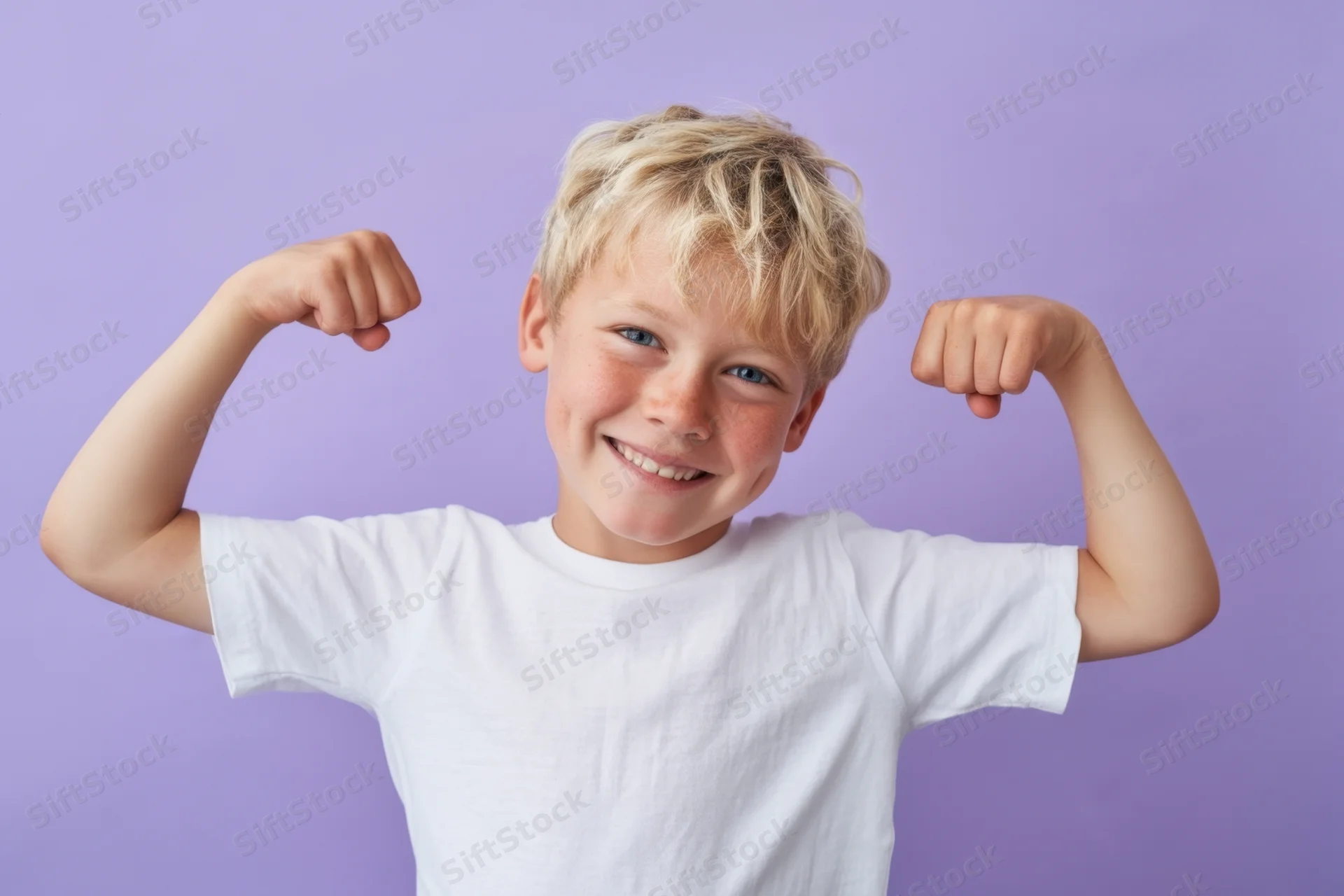 Young boy flexing his biceps and smiling in a white t-shirt against a purple background