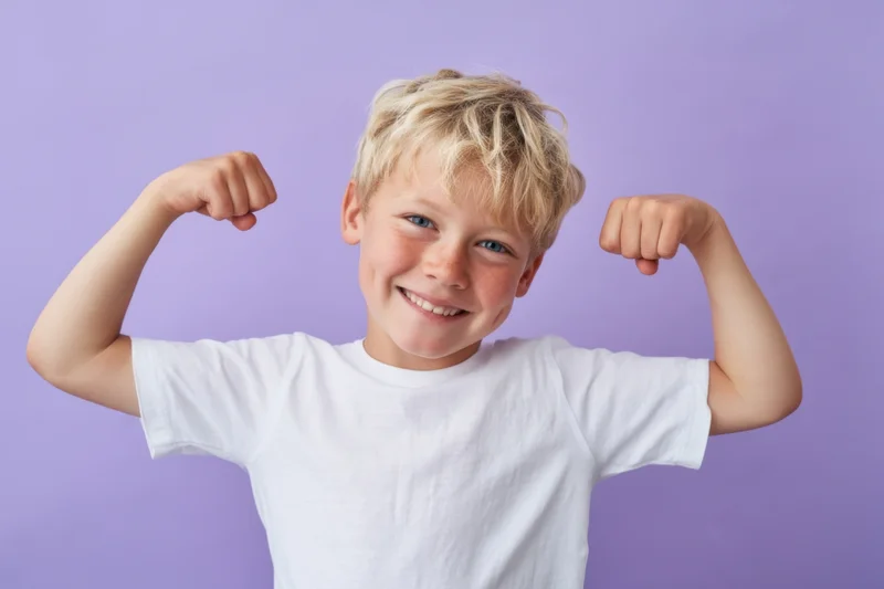 Young boy flexing his biceps and smiling in a white t-shirt against a purple background