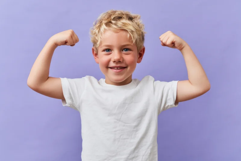 Young boy flexing his biceps and smiling in front of a purple background