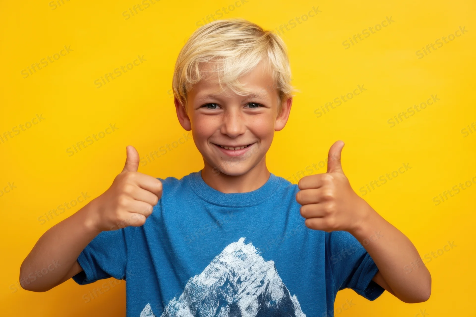 Young boy giving two thumbs up against yellow background
