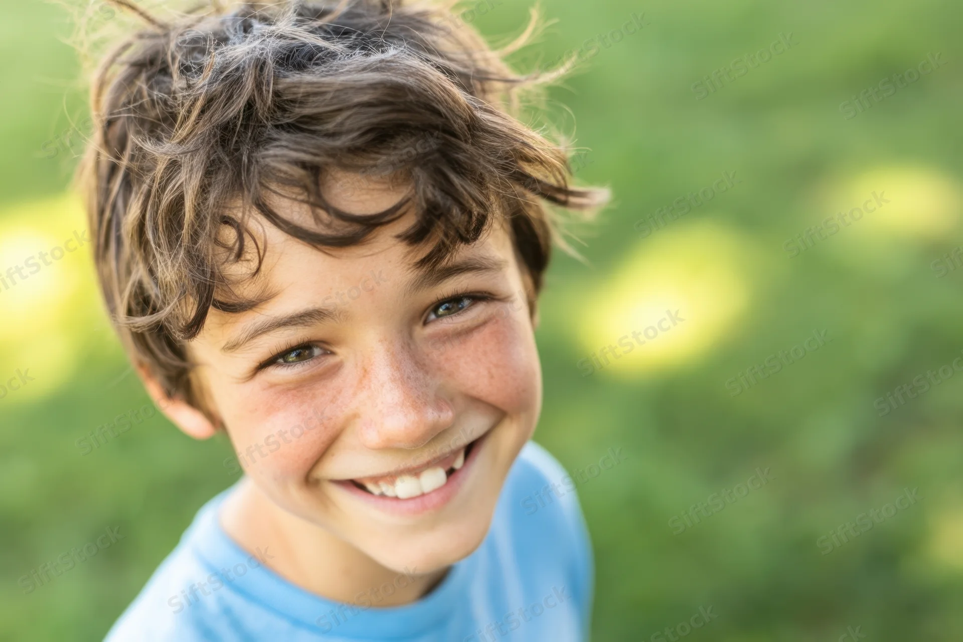 Smiling boy with tousled brown hair in a grassy outdoor setting