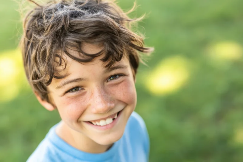 Smiling boy with tousled brown hair in a grassy outdoor setting