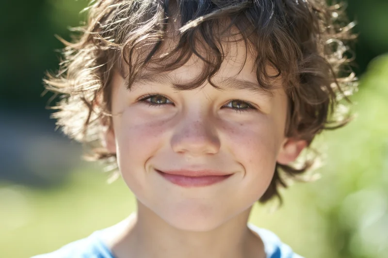 Young boy smiling warmly outdoors in sunlight
